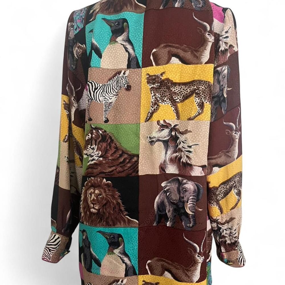 Vintage 1990s Jerri Sherman Women's Brown Multicolored 100% Silk Animals Blouse - Picture 3 of 4